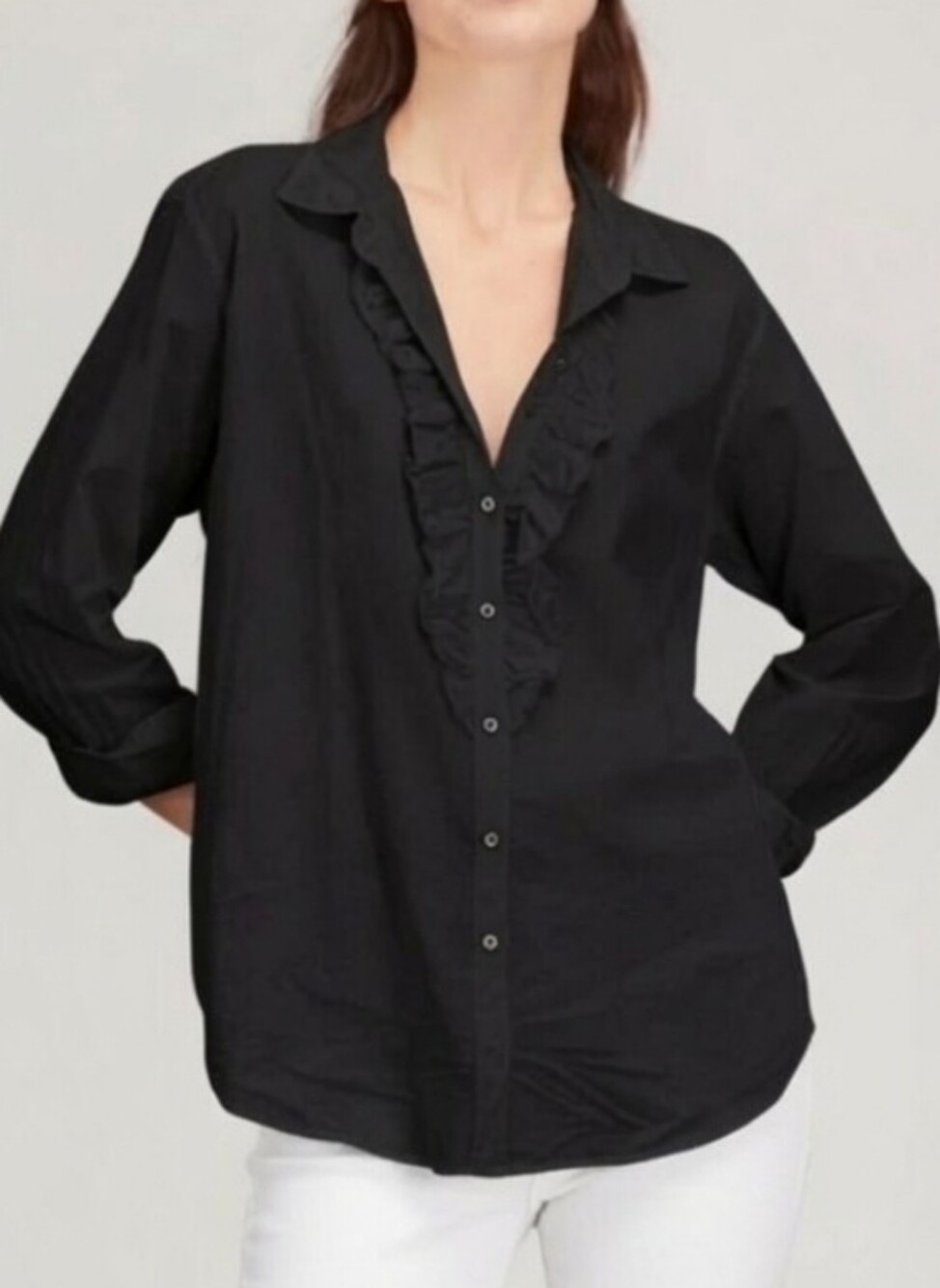 Xirena Rhoni Poplin Cotton Ruffle Classic Collar Button Down Long Sleeve Top S